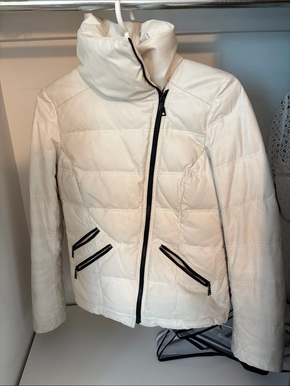 DANIER Genuine Leather Puffer Jacket with Goose Down Fill - XS - Ivory/Off-White